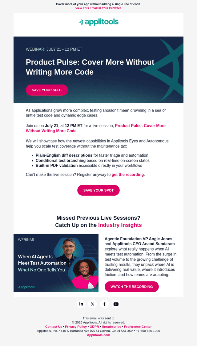 Applitools email from Tue, Jul 14, 2026