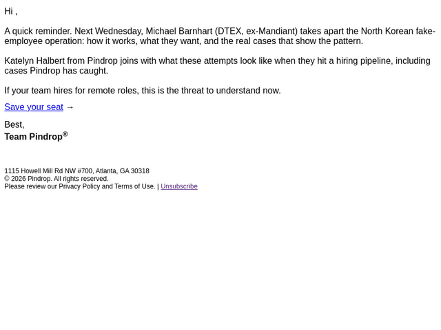 Pindrop email from Tue, Jul 14, 2026
