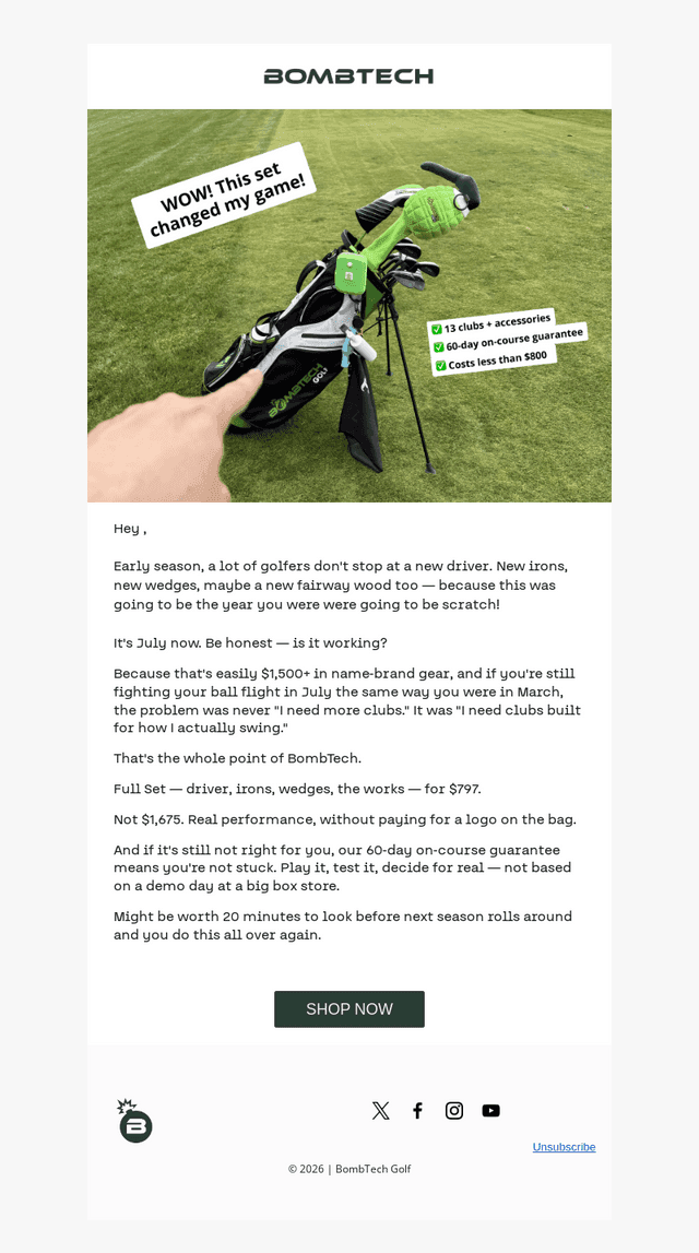 BombTech Golf email from Tue, Jul 14, 2026