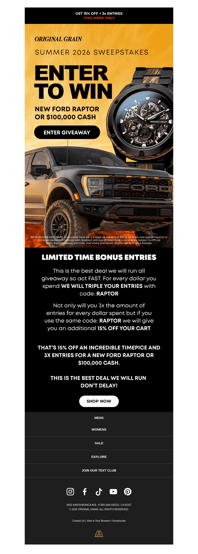 GET 15% OFF + 3X ENTRIES