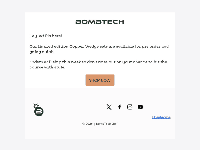 BombTech Golf email from Mon, Jul 20, 2026