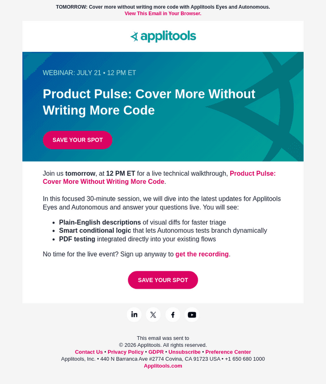 Applitools email from Mon, Jul 20, 2026