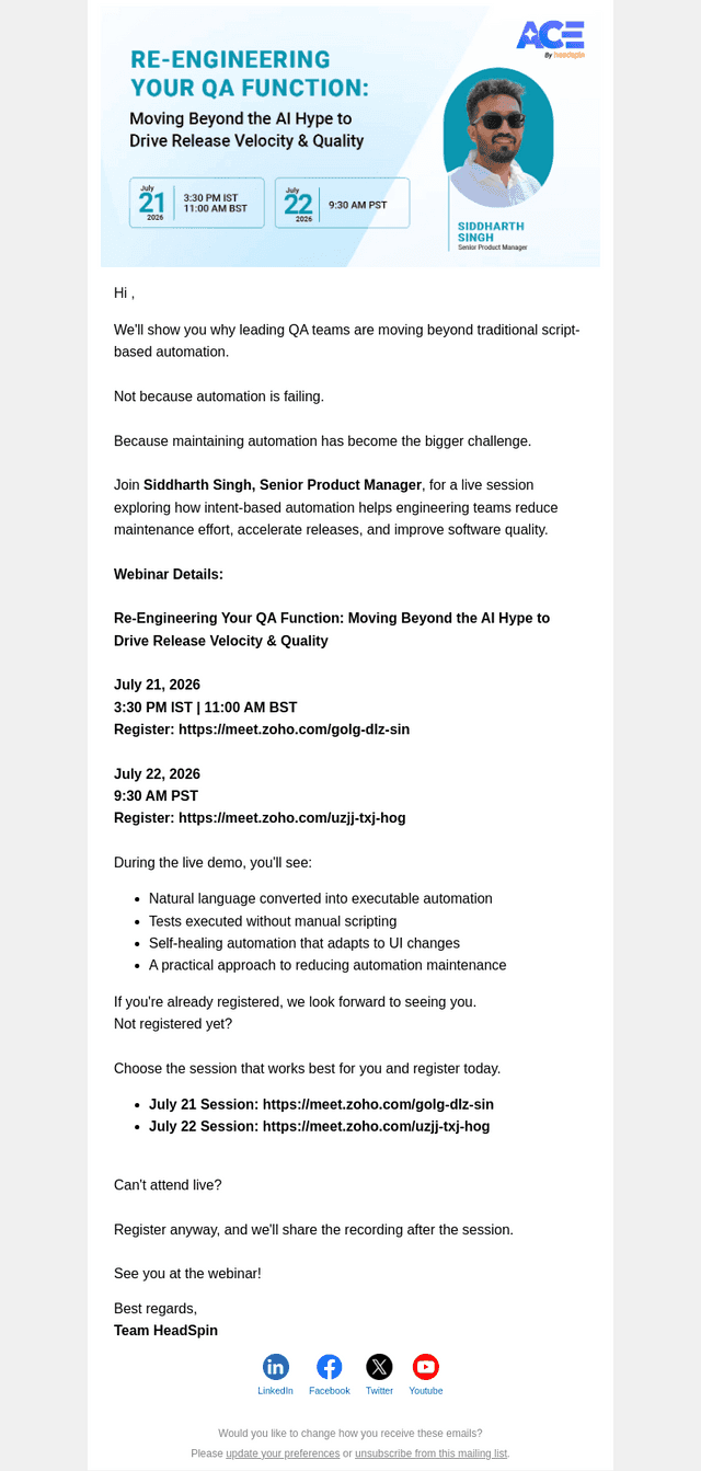 HeadSpin email from Mon, Jul 20, 2026