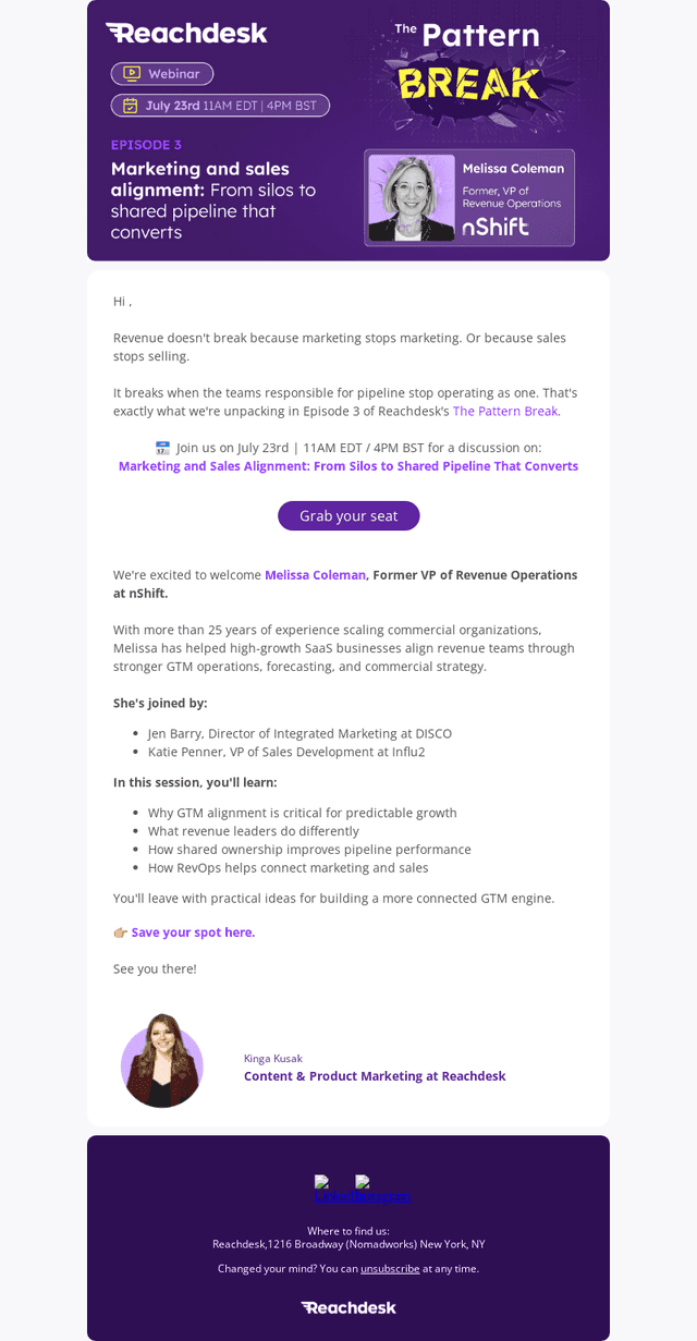 Reachdesk email from Mon, Jul 20, 2026