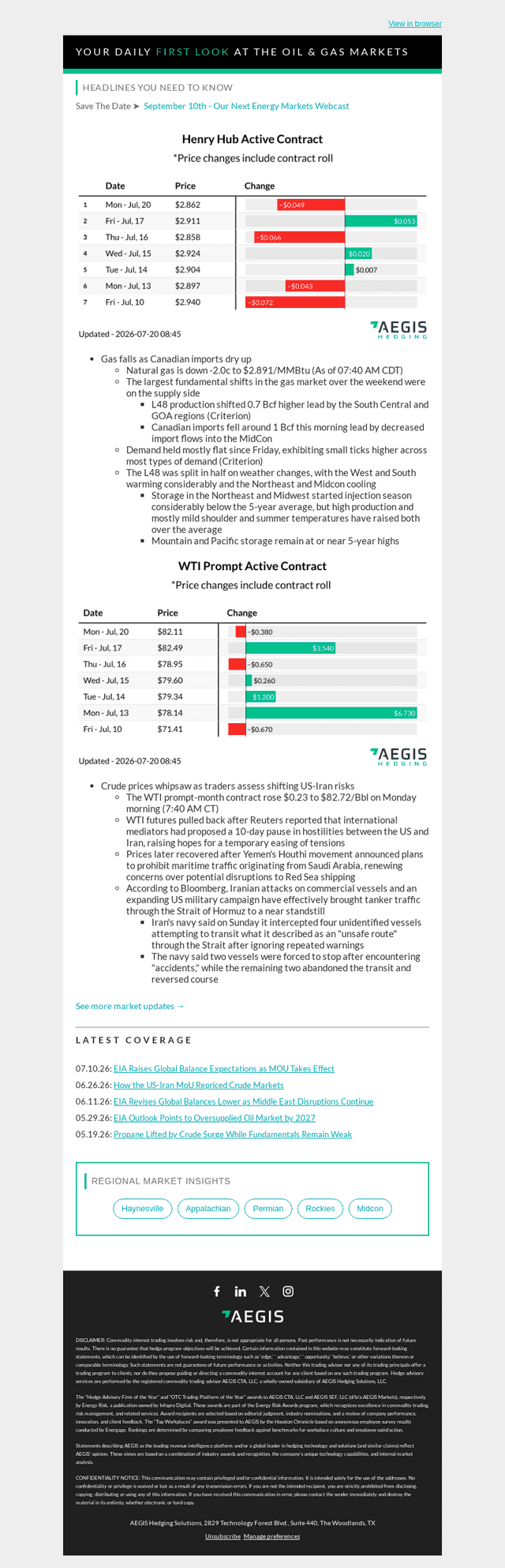 AEGIS Hedging email from Mon, Jul 20, 2026