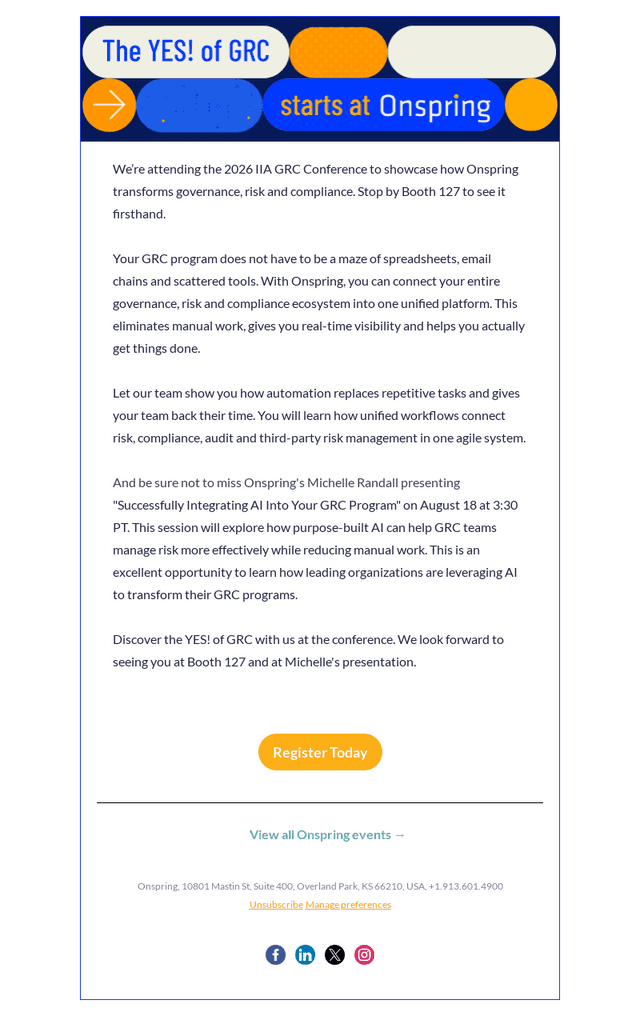 Onspring Technologies email from Mon, Jul 20, 2026