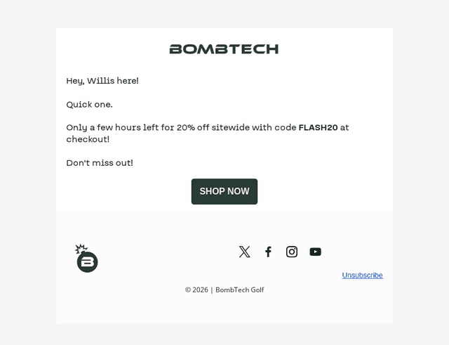 BombTech Golf email from Wed, Jul 22, 2026