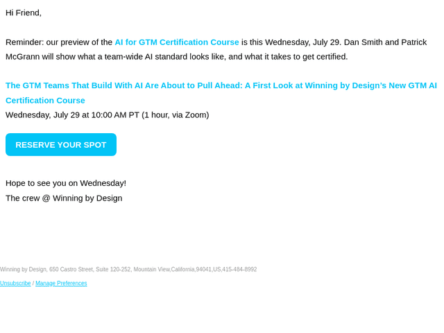 Winning by Design email from Mon, Jul 27, 2026