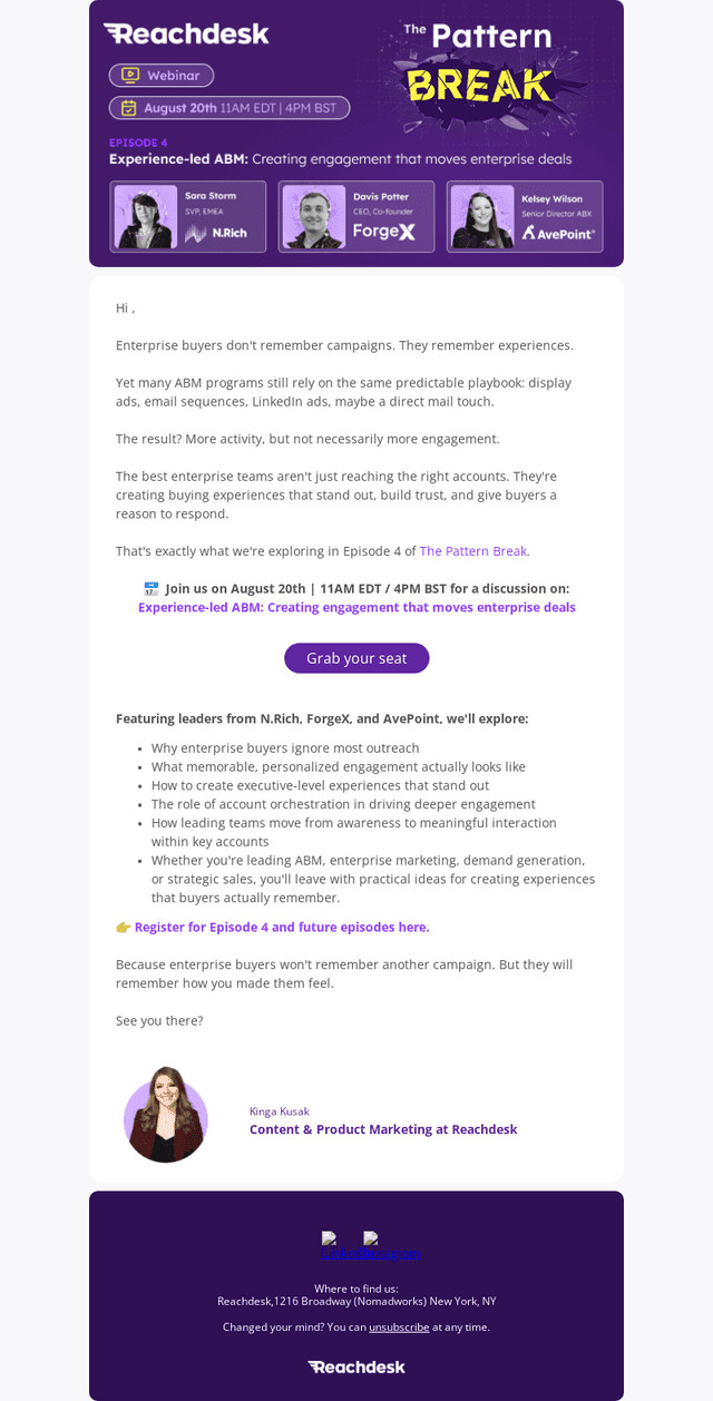 Reachdesk email from Mon, Jul 27, 2026