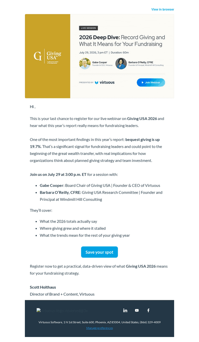 Virtuous Software email from Mon, Jul 27, 2026
