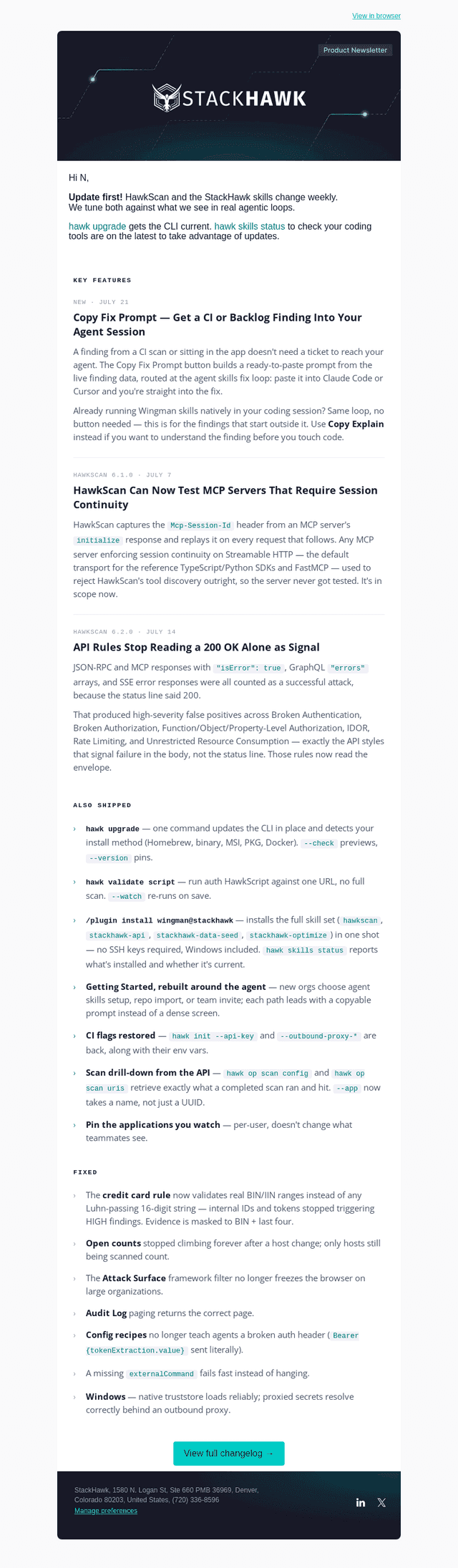 StackHawk email from Tue, Jul 28, 2026