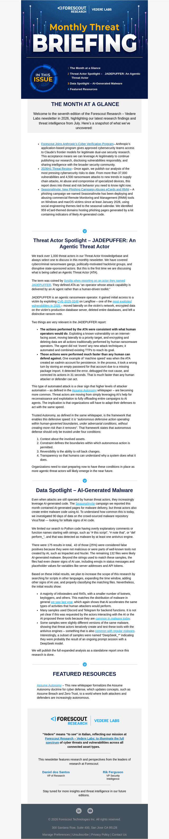Forescout email from Wed, Jul 29, 2026