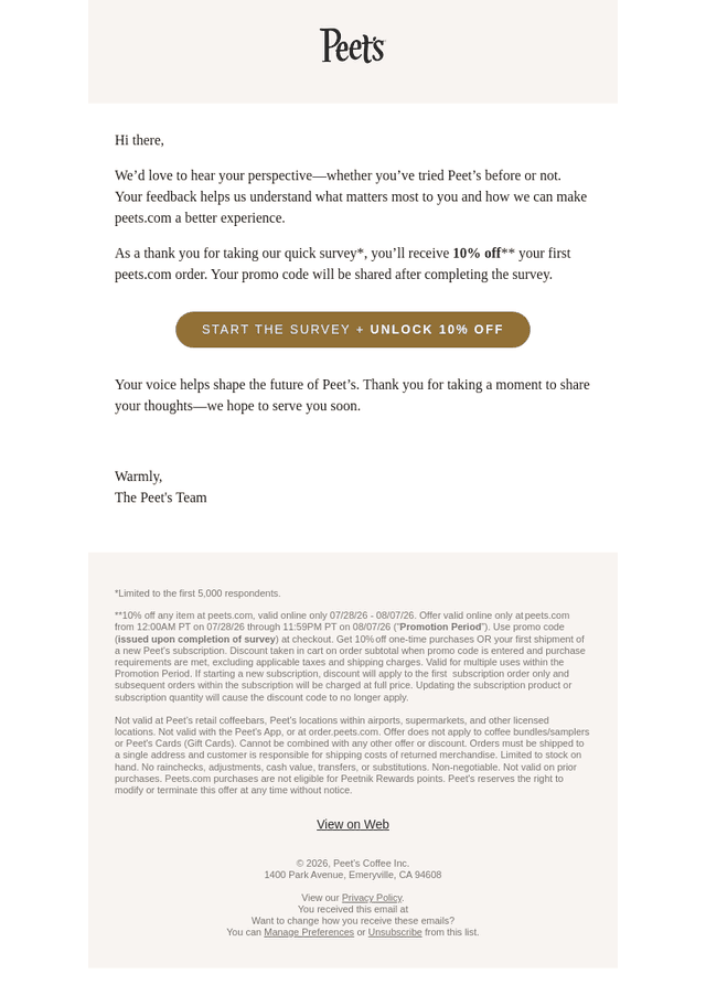 Peet's Coffee email from Wed, Jul 29, 2026