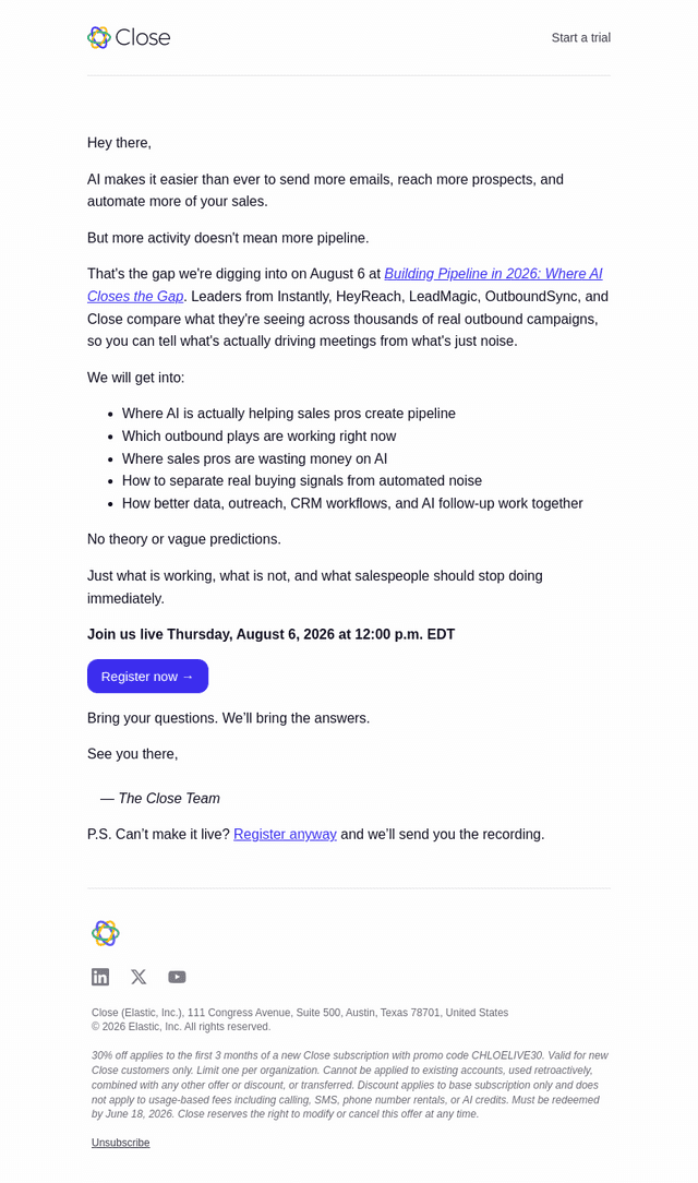 Close email from Thu, Jul 30, 2026