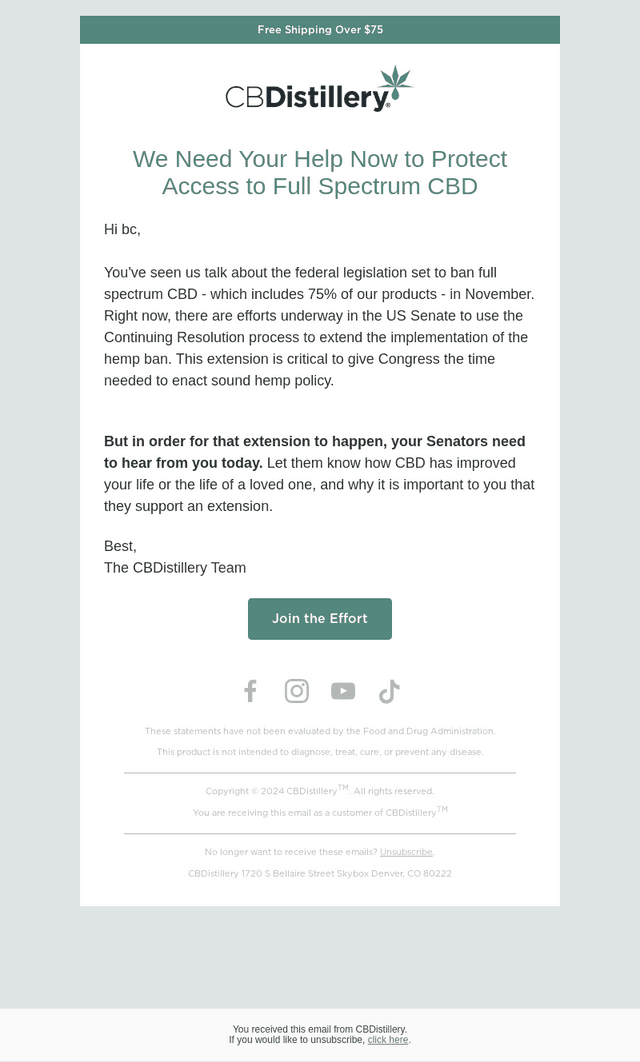 The CBDistillery email from Fri, Jul 31, 2026