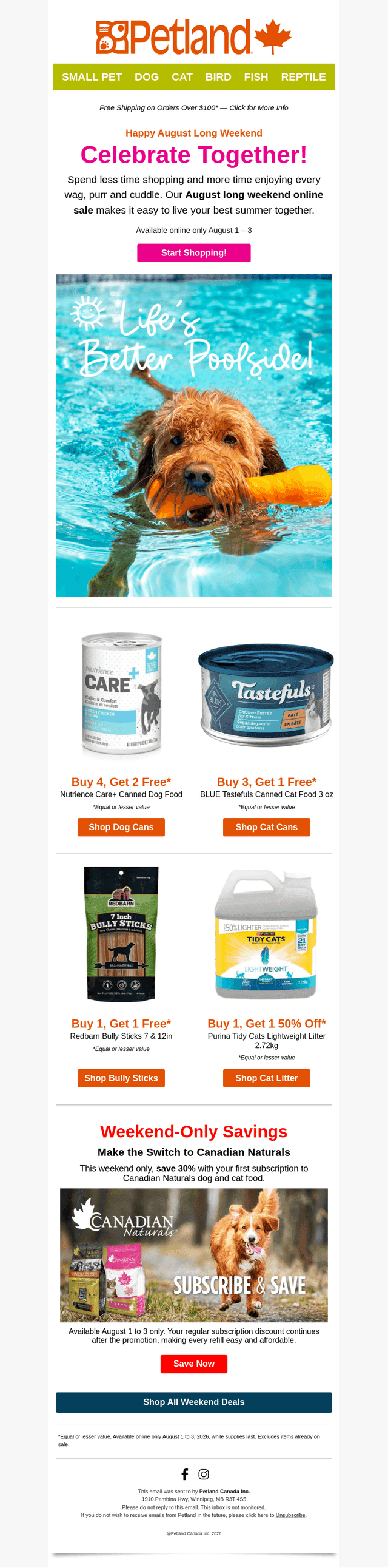 Petland Canada email from Sat, Aug 1, 2026