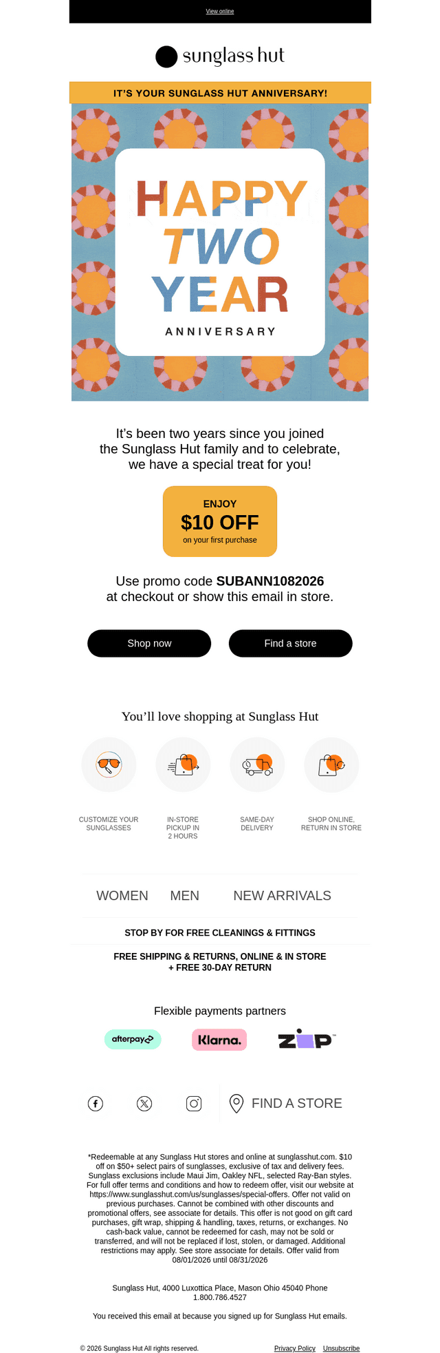 Sunglass Hut email from Mon, Aug 3, 2026