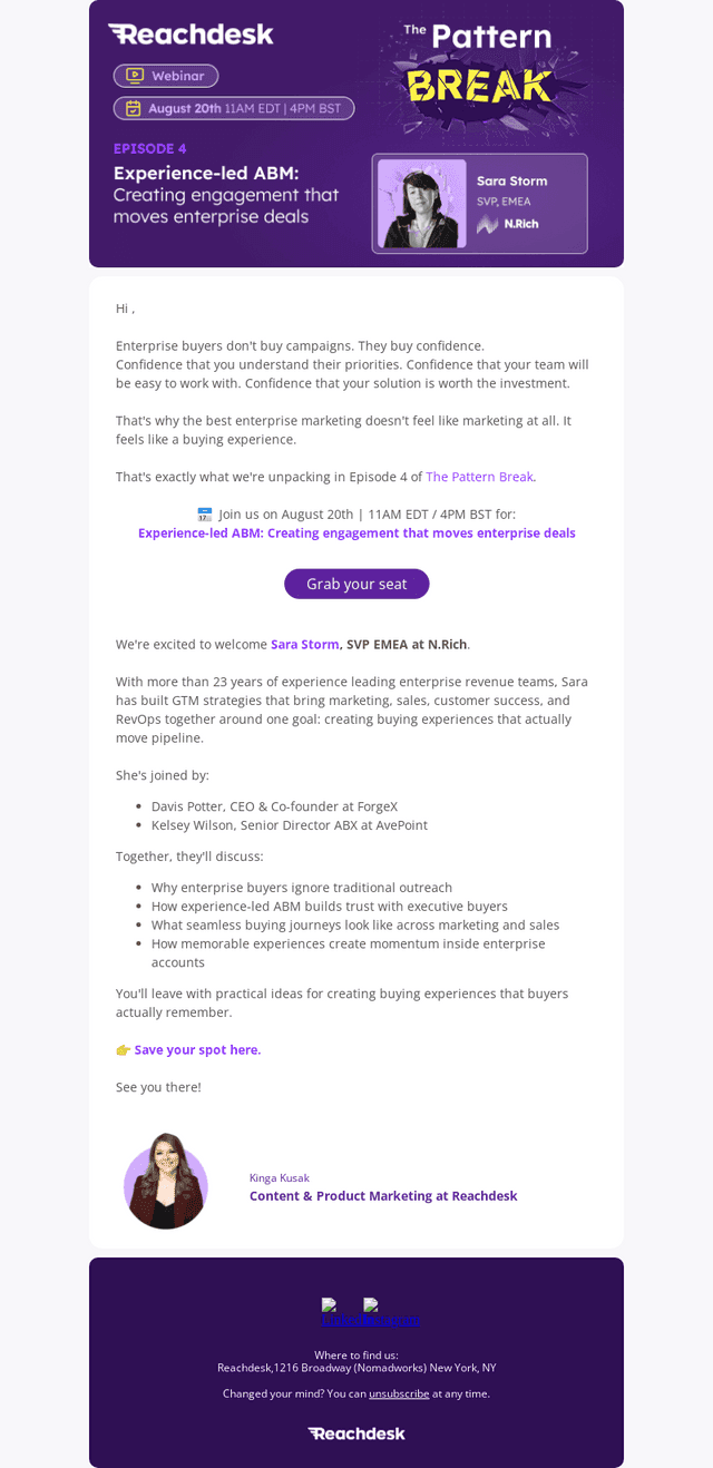 Reachdesk email from Mon, Aug 3, 2026
