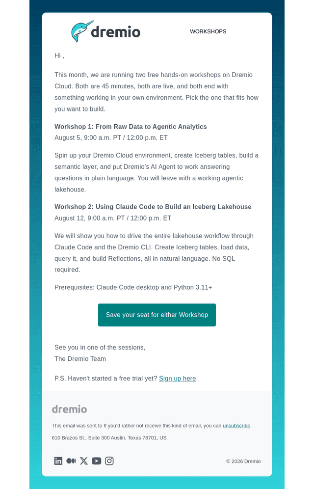 Dremio email from Mon, Aug 3, 2026