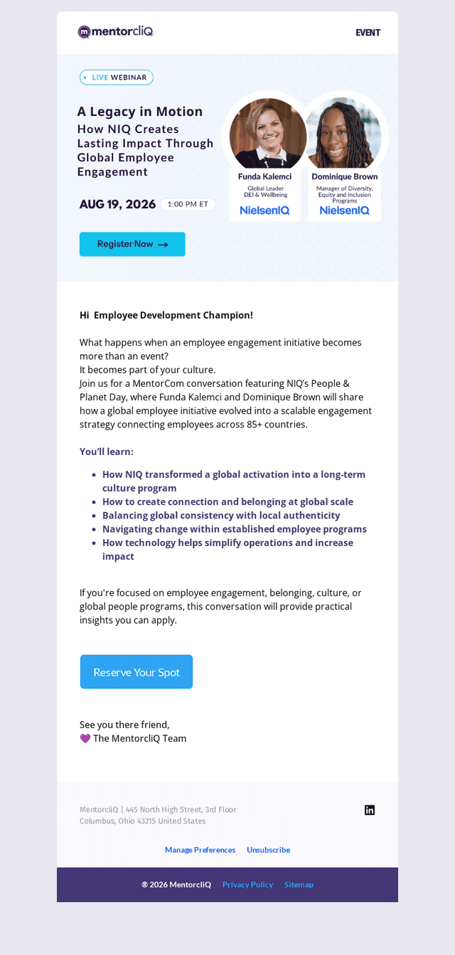 MentorcliQ email from Wed, Aug 5, 2026