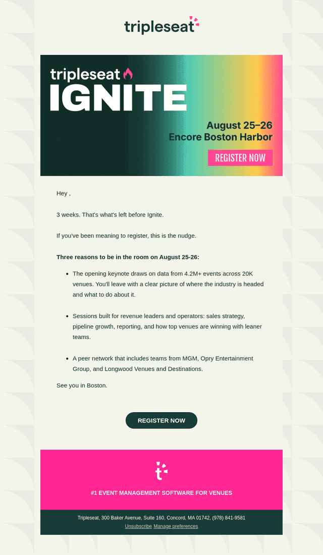 Tripleseat Software email from Wed, Aug 5, 2026