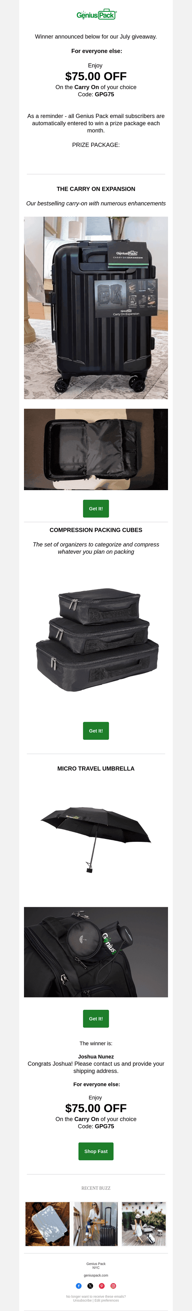 Winner announced. Everyone else, $75 OFF any carry-on