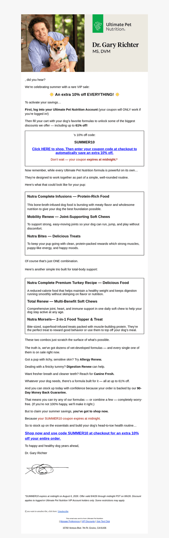 Ultimate Pet Nutrition email from Thu, Aug 6, 2026
