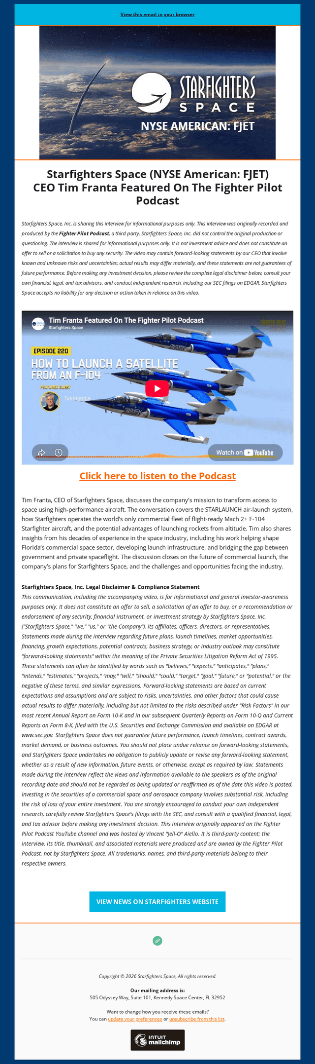 Starfighters Space email from Thu, Aug 6, 2026