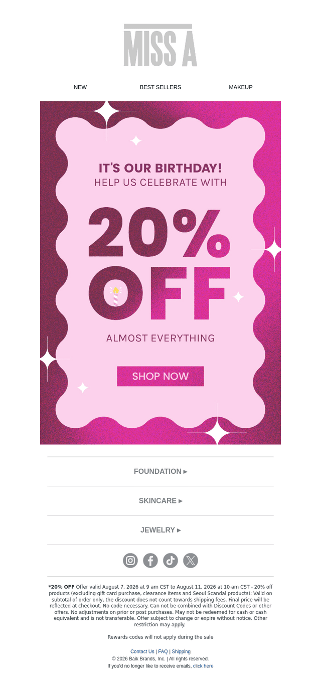 Shop Miss A email from Fri, Aug 7, 2026