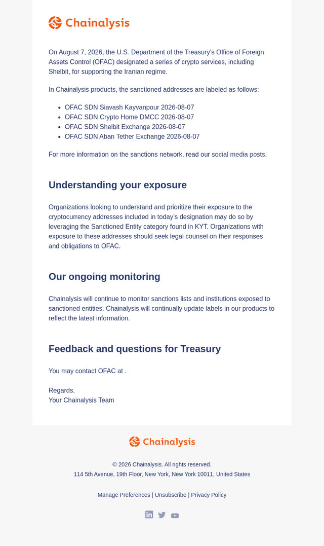 Chainalysis email from Fri, Aug 7, 2026