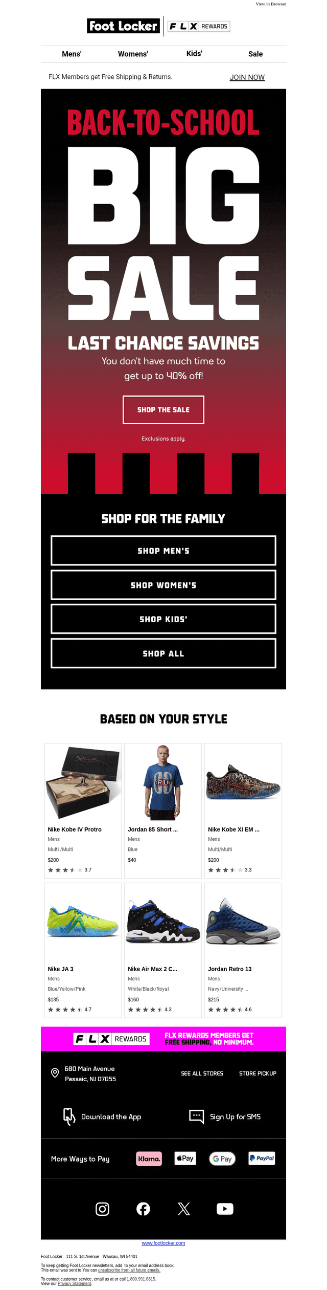 Foot Locker email from Sun, Aug 9, 2026