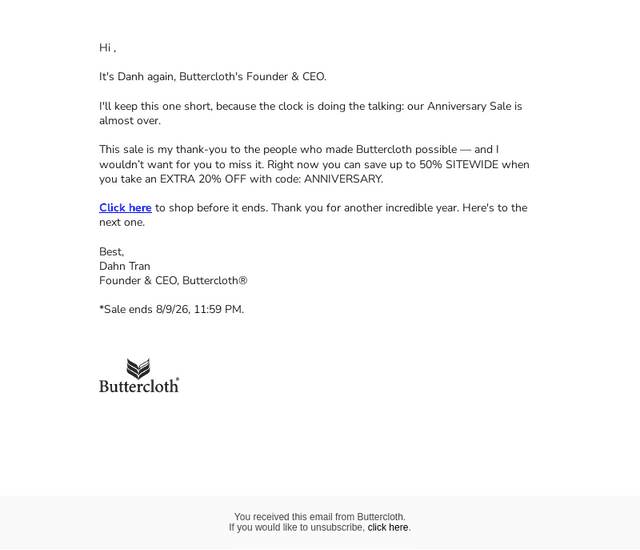 Buttercloth email from Sun, Aug 9, 2026