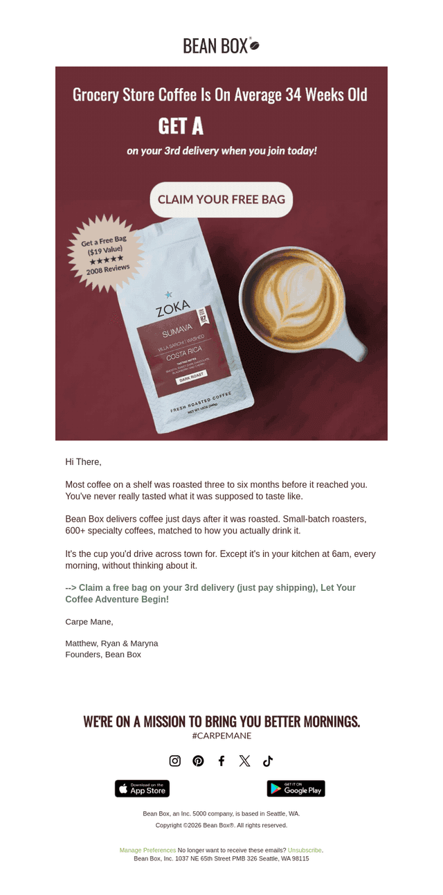 BeanBox email from Sun, Aug 9, 2026