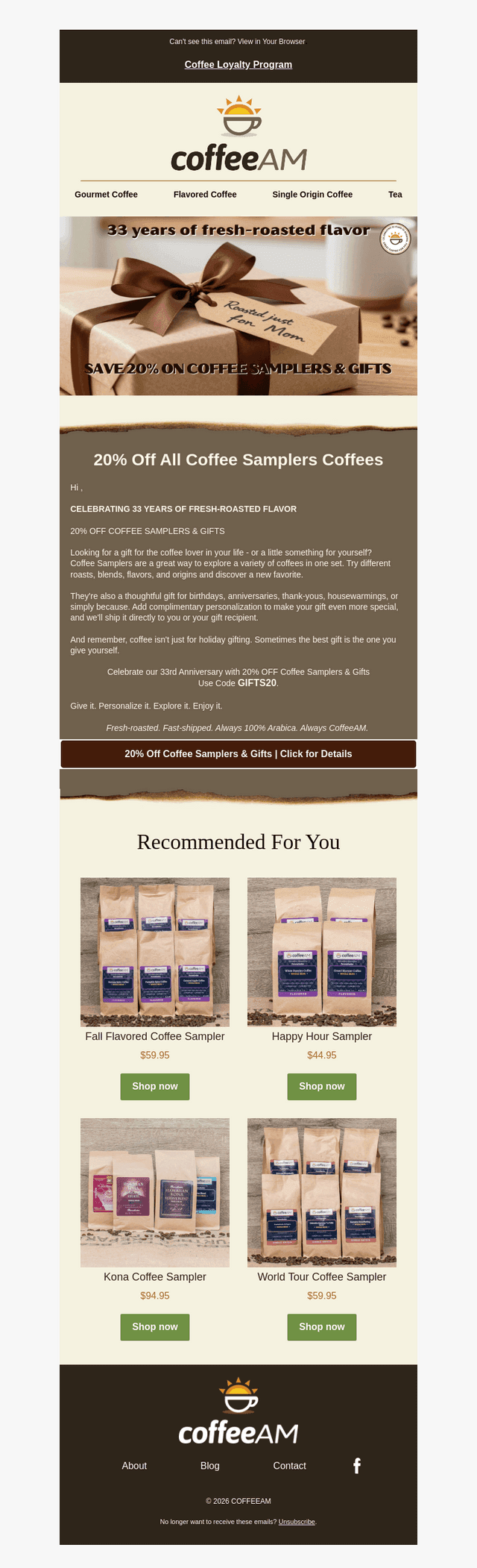 20% Off Coffee Samplers & Gifts