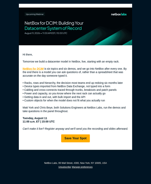 Tomorrow: Watch a datacenter get modeled live in NetBox [Webinar]