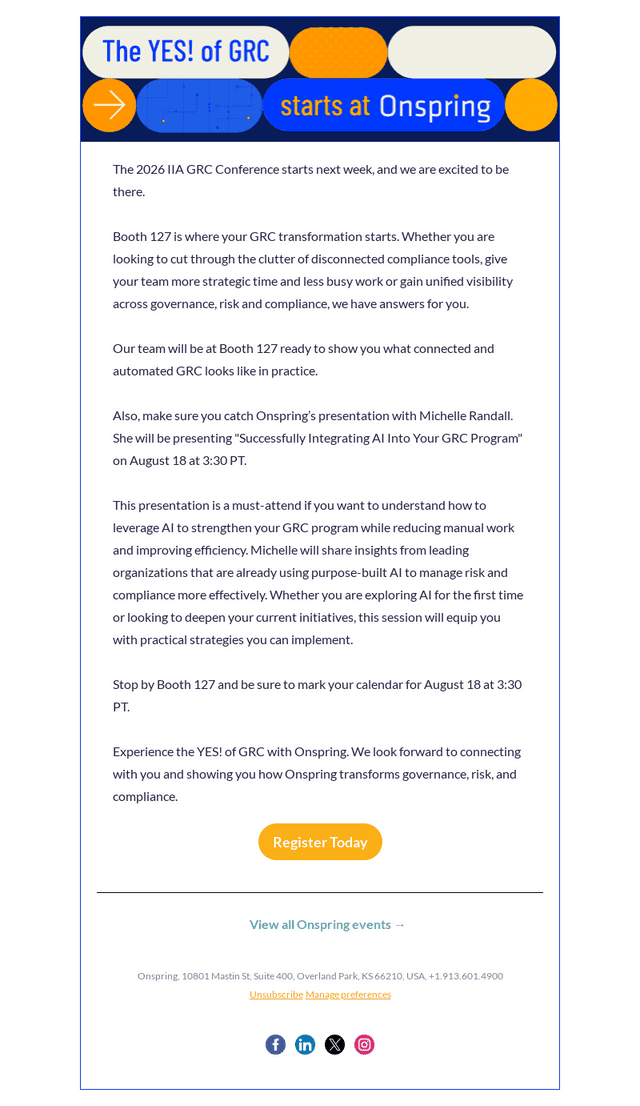 Onspring Technologies email from Mon, Aug 10, 2026