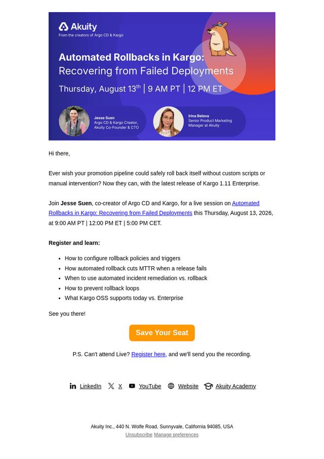 Akuity email from Mon, Aug 10, 2026