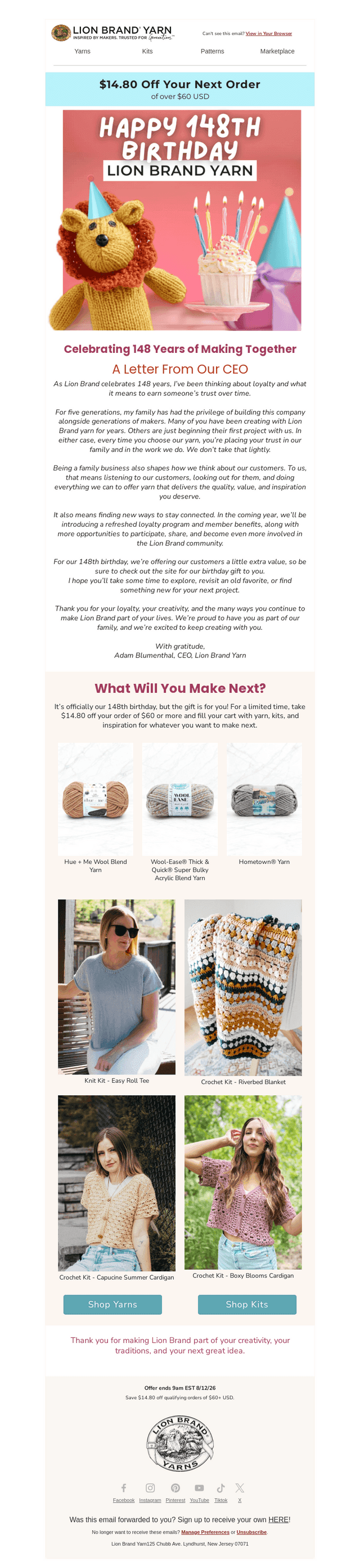 Lion Brand Yarn email from Tue, Aug 11, 2026