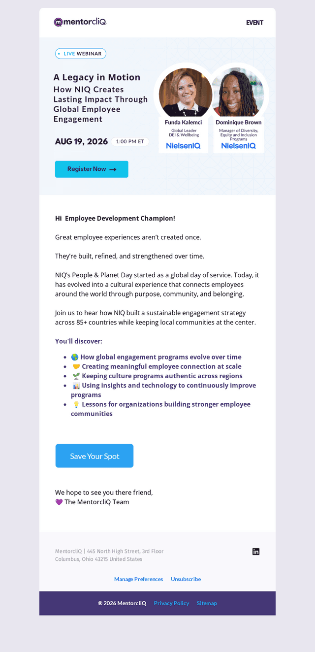 MentorcliQ email from Tue, Aug 11, 2026