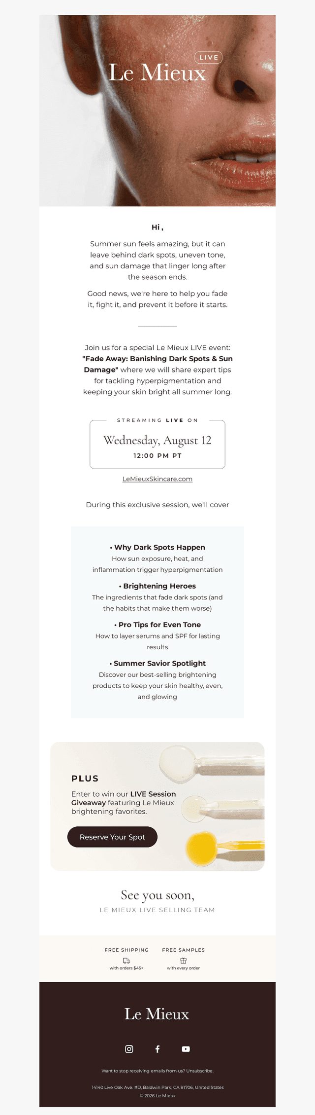 Le Mieux email from Wed, Aug 12, 2026