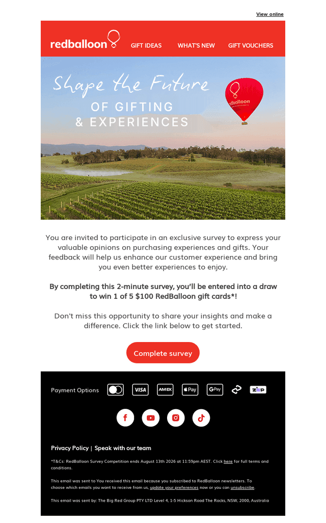 RedBalloon email from Wed, Aug 12, 2026