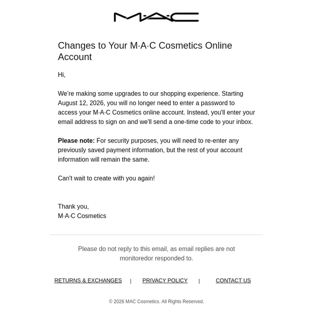 Changes to Your M·A·C Cosmetics Online Account