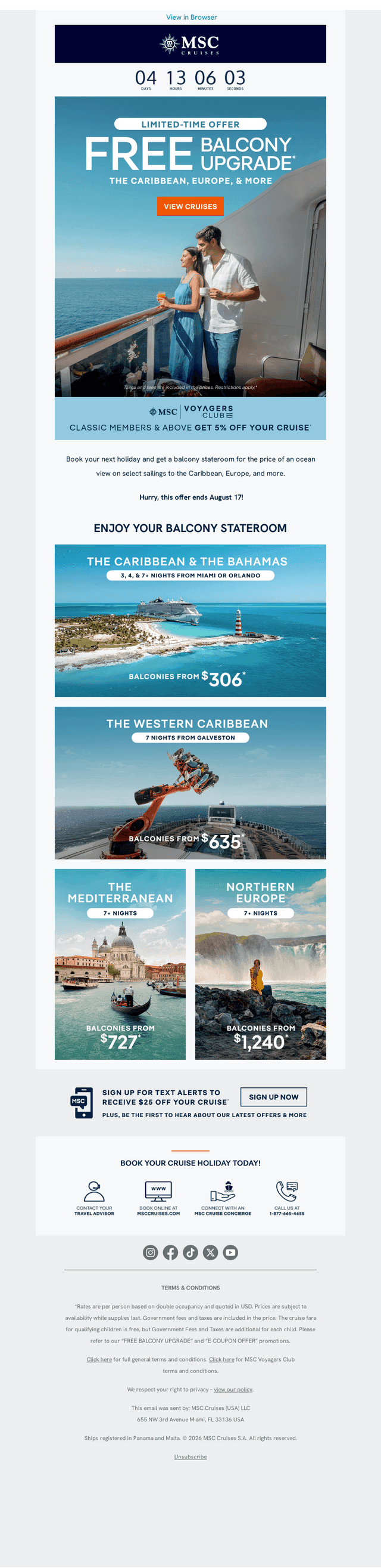 MSC Cruises email from Thu, Aug 13, 2026