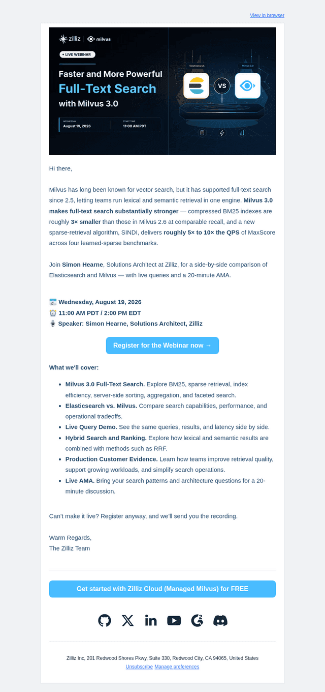 Zilliz email from Thu, Aug 13, 2026