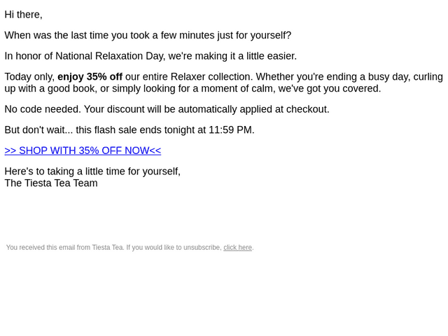 Tiesta Tea email from Sat, Aug 15, 2026