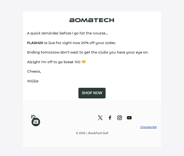 BombTech Golf email from Sat, Aug 15, 2026
