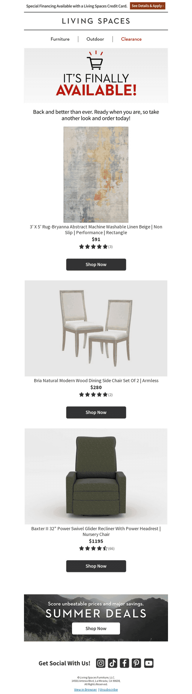 Living Spaces email from Sun, Aug 16, 2026
