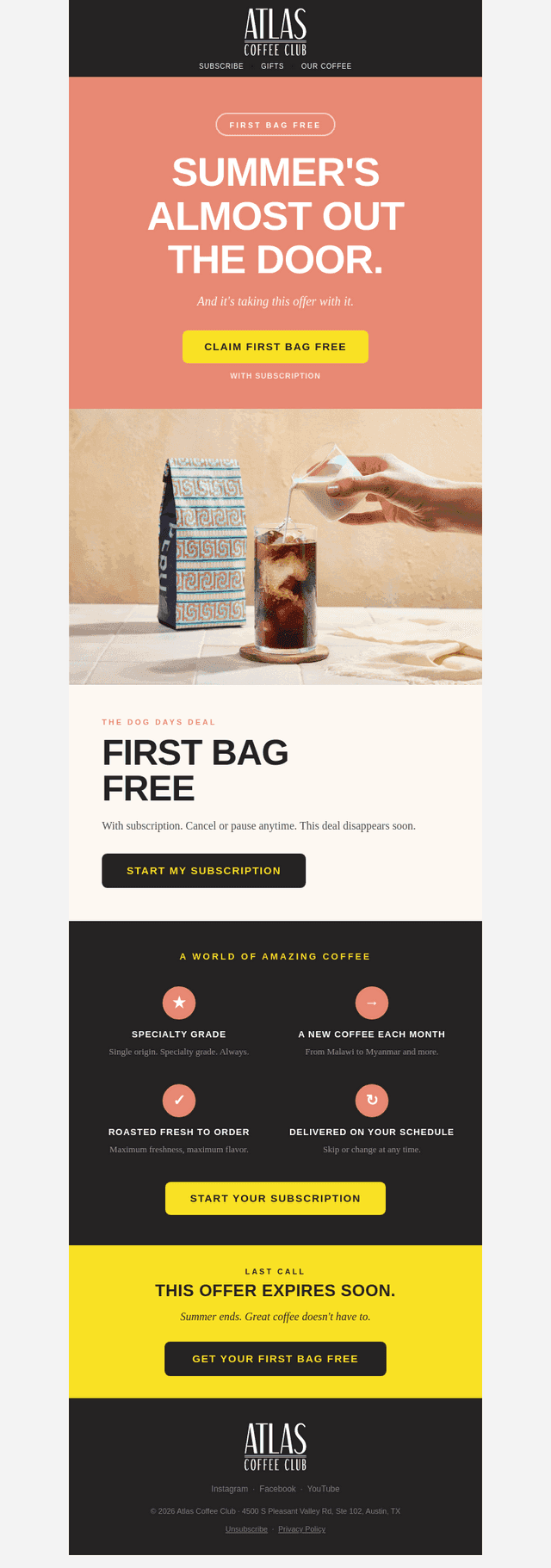 Atlas Coffee Club email from Sun, Aug 16, 2026