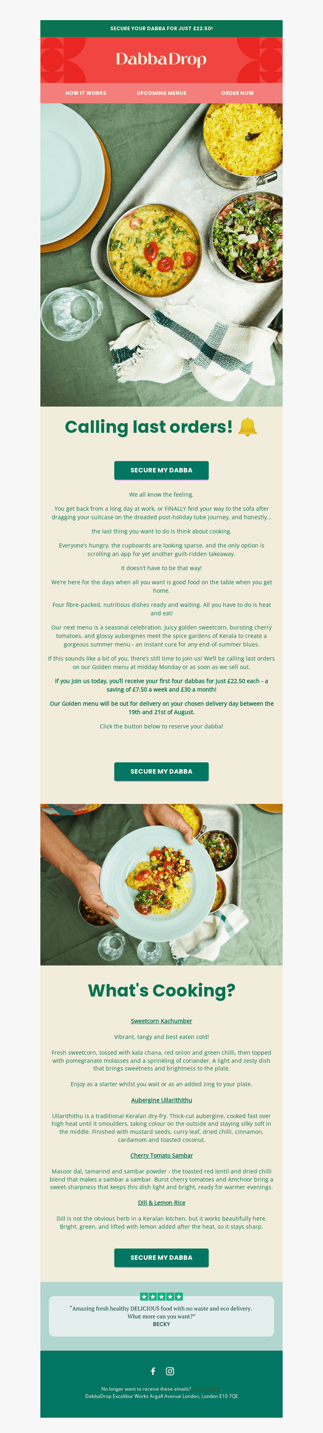 DabbaDrop email from Sun, Aug 16, 2026