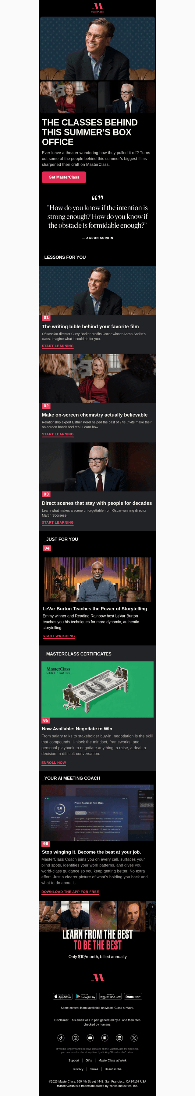 MasterClass email from Sun, Aug 16, 2026